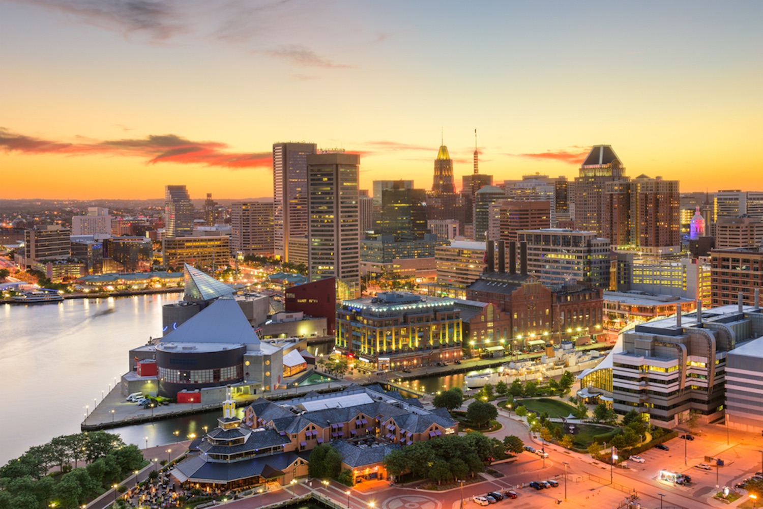 Skyline of downtown Baltimore at sunset, looking west as seen from the vantage point of Harbor East.